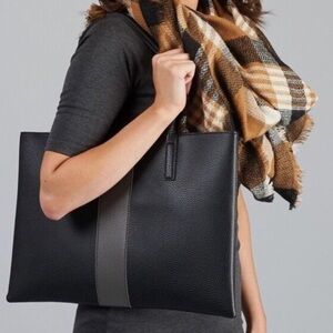 Vince Camuto Black Pebbled Soft Vegan Leather Gray Stripe Tote Laptop  Bag